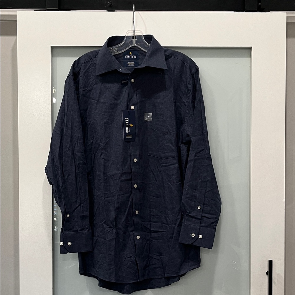 Stafford Men's Dark Navy Dress Shirt Brushed Twill, Size 16 (32-33)